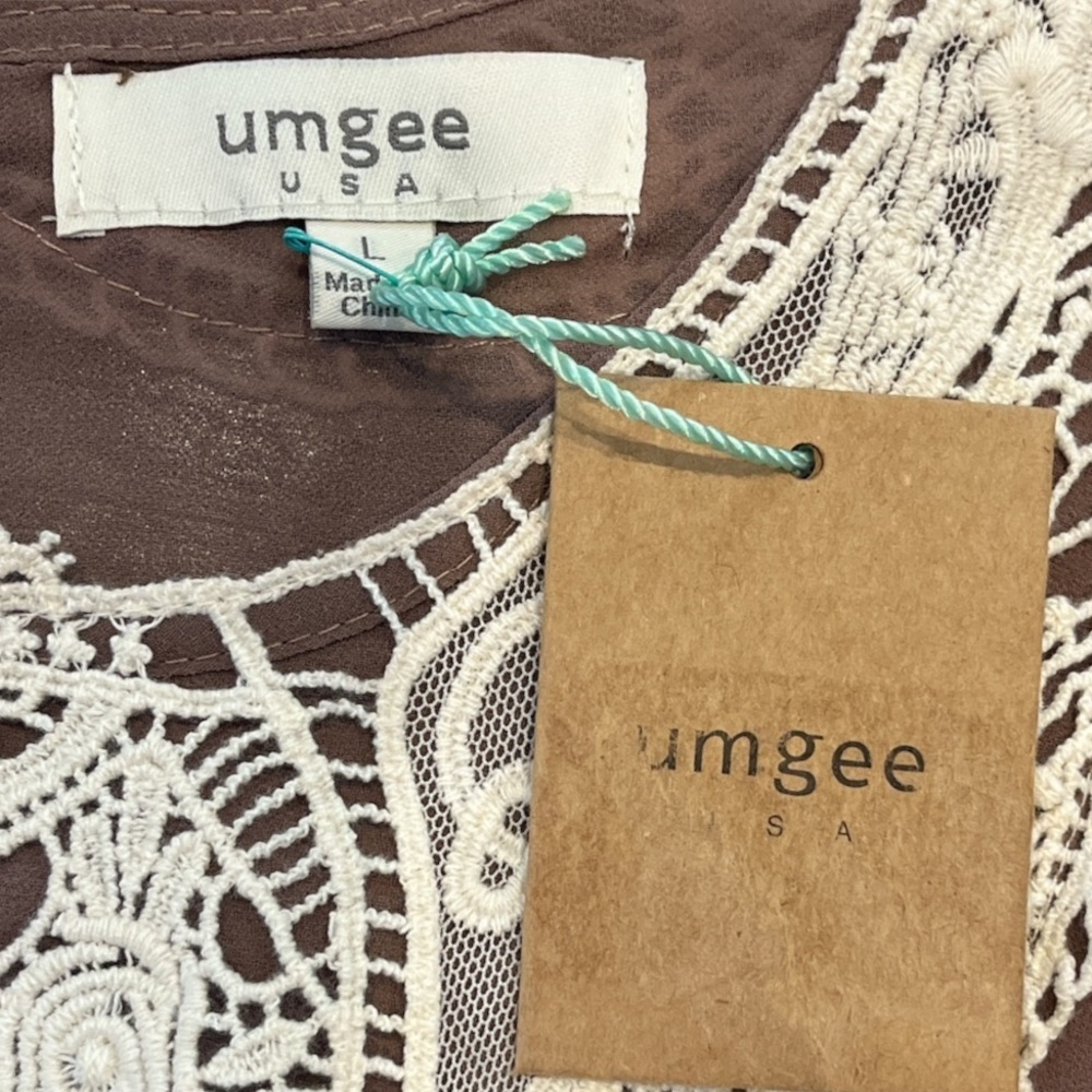 New Umgee Mocha Brown Large Sheer Patch Lace Tunic with Bell Sleeves - Picture 4 of 11